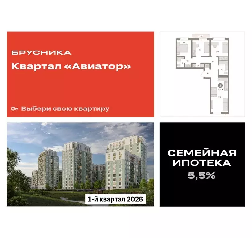 3-комнатная квартира: Новосибирск, улица Аэропорт (75.03 м) - Фото 0