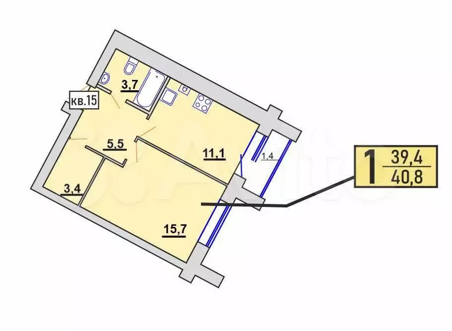 1-к. квартира, 40,8 м, 4/5 эт. - Фото 1