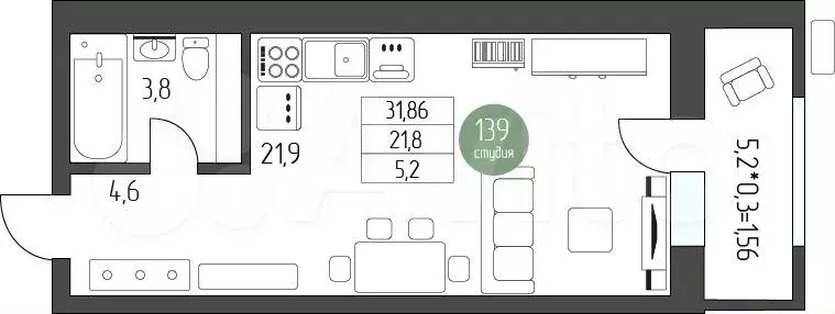 Квартира-студия, 35,5 м, 4/5 эт. - Фото 0