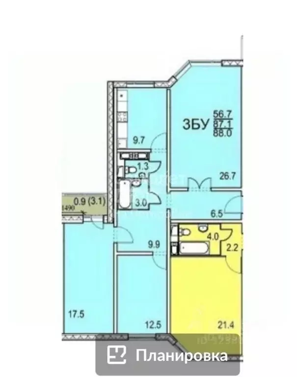 3-к кв. Москва Большая Очаковская ул., 12к3 (87.1 м) - Фото 2