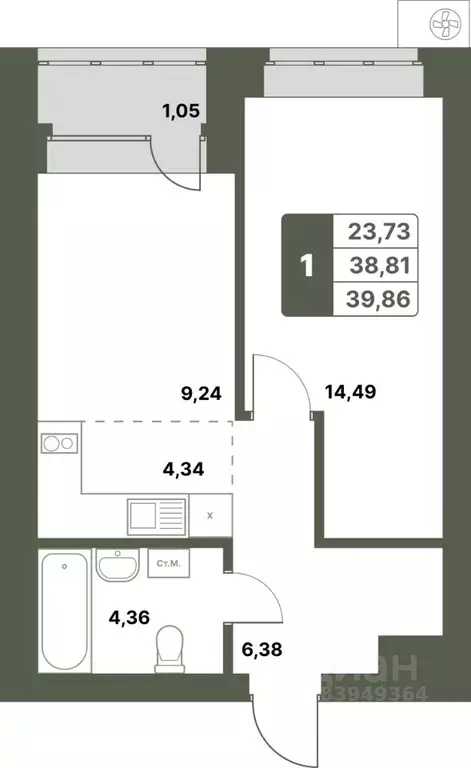 1-к кв. Башкортостан, Уфимский район, с. Миловка  (39.86 м) - Фото 1