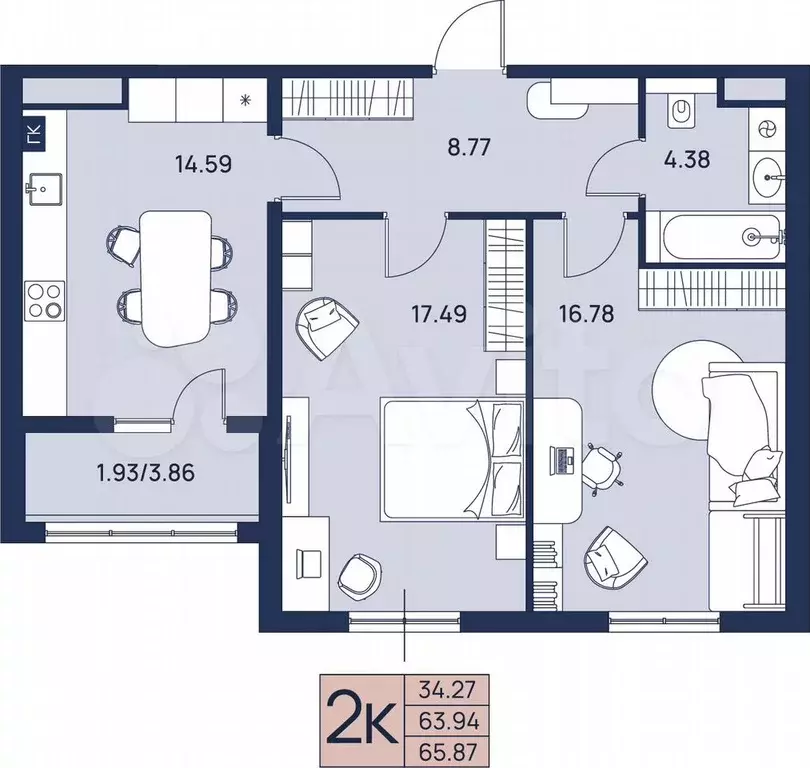 2-к. квартира, 65,9 м, 2/4 эт. - Фото 0