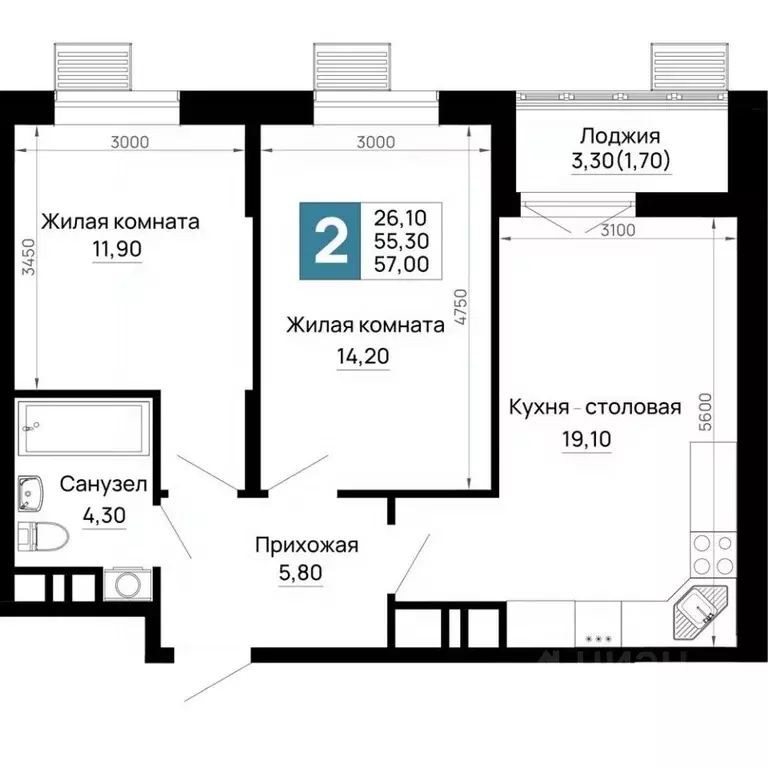 2-к кв. Адыгея, Тахтамукайский район, Яблоновский пгт  (57.0 м) - Фото 1