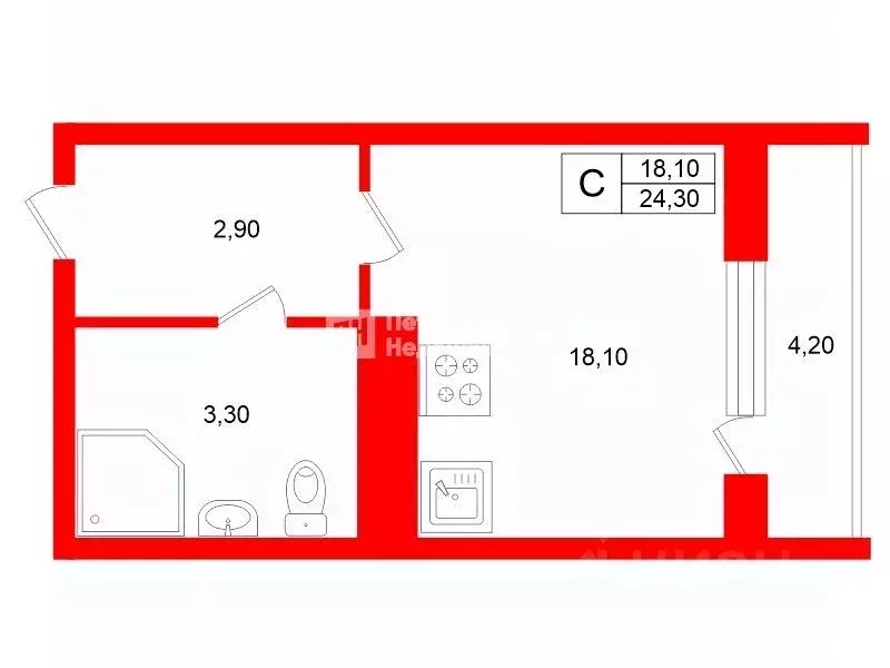 Студия Санкт-Петербург просп. Буденного, 23к1 (24.3 м) - Фото 2
