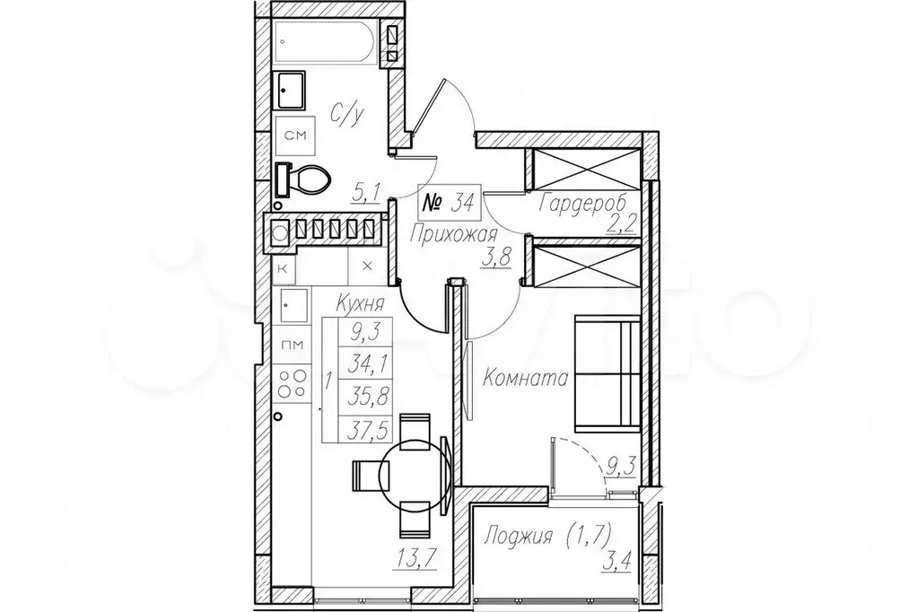 1-к. квартира, 37,5 м, 5/5 эт. - Фото 1