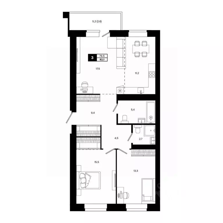 3-к кв. Новосибирская область, Кольцово рп ул. Благовещенская, 2 (82.1 ... - Фото 1