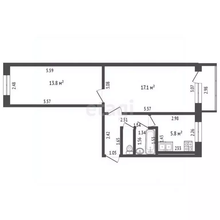 2-к кв. Тамбовская область, Тамбов ул. Новикова-Прибоя, 57 (43.6 м) - Фото 2