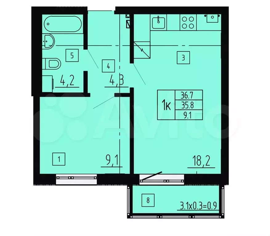 1-к. квартира, 36,7 м, 5/8 эт. - Фото 1