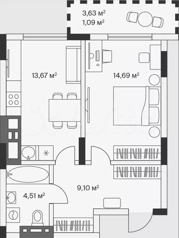 1-к. квартира, 43,1 м, 7/7 эт. - Фото 1