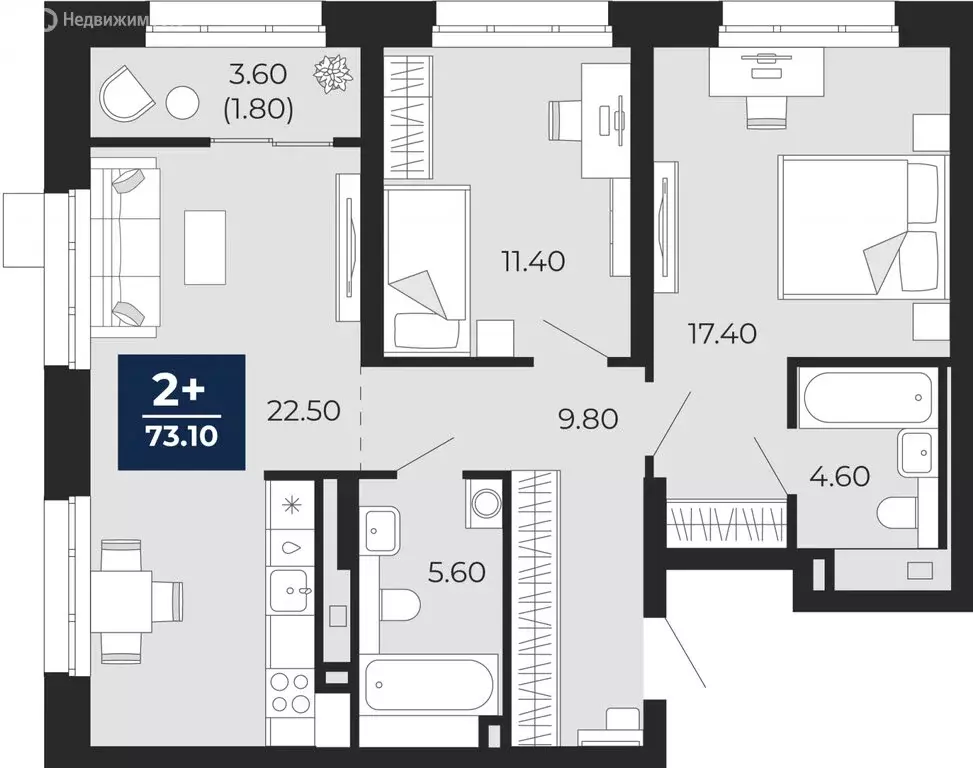 2-комнатная квартира: Тюмень, улица Пожарных и Спасателей, 2к1 (73.1 ... - Фото 1