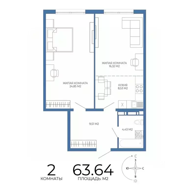 2-к кв. Пензенская область, Пенза Чаадаев жилой комплекс (63.64 м) - Фото 1
