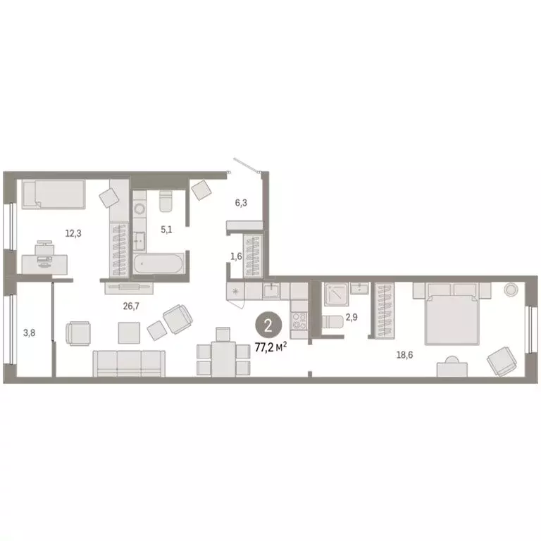 2-комнатная квартира: Тюмень, жилой комплекс Республики 205 (77.22 м) - Фото 2