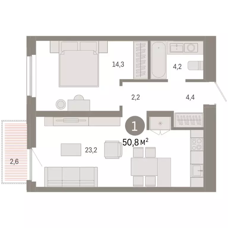 1-комнатная квартира: Тюмень, Мысовская улица, 26к2 (50.75 м) - Фото 1