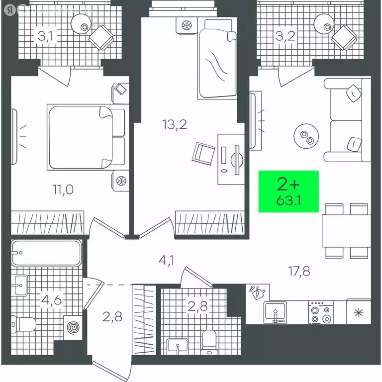 2-комнатная квартира: Тюмень, жилой комплекс Гранд Квартал (63.18 м) - Фото 1