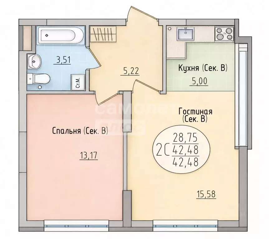 2-к кв. Башкортостан, Уфа ул. Сержанта Пашкова, 5 (43.2 м) - Фото 2