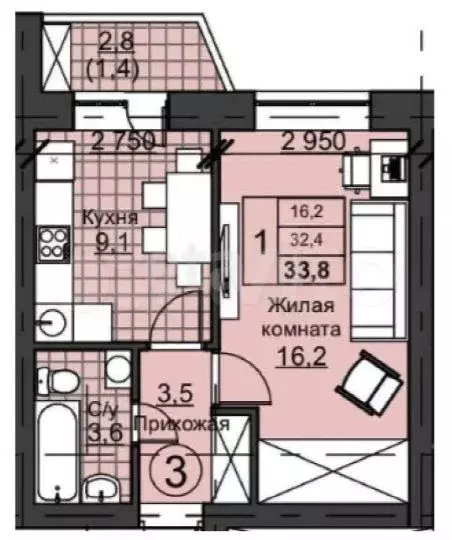 1-к. квартира, 34 м, 3/3 эт. - Фото 0