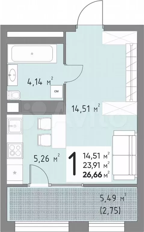 Квартира-студия, 26,7 м, 8/15 эт. - Фото 1