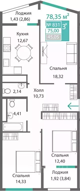 3-к кв. Крым, Симферополь Крымская роза мкр,  (78.35 м) - Фото 0