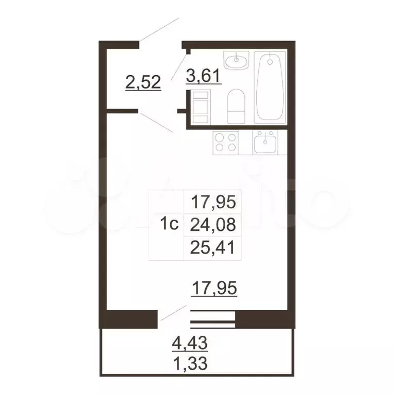 Квартира-студия, 25,4 м, 6/6 эт. - Фото 0