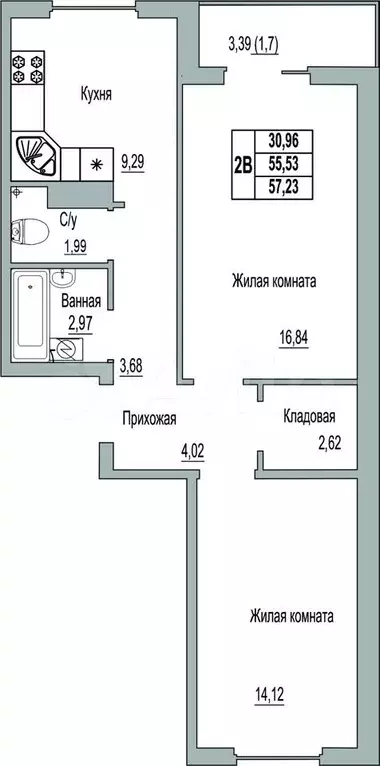 2-к. квартира, 57,2 м, 4/9 эт. - Фото 0