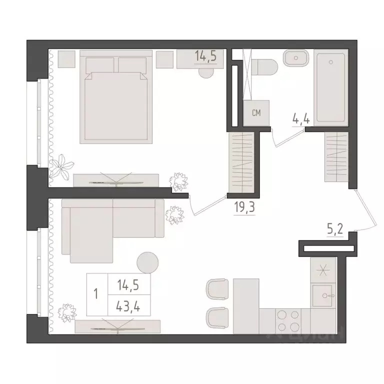 1-к кв. Башкортостан, Уфа 563-й кв-л,  (43.4 м) - Фото 1