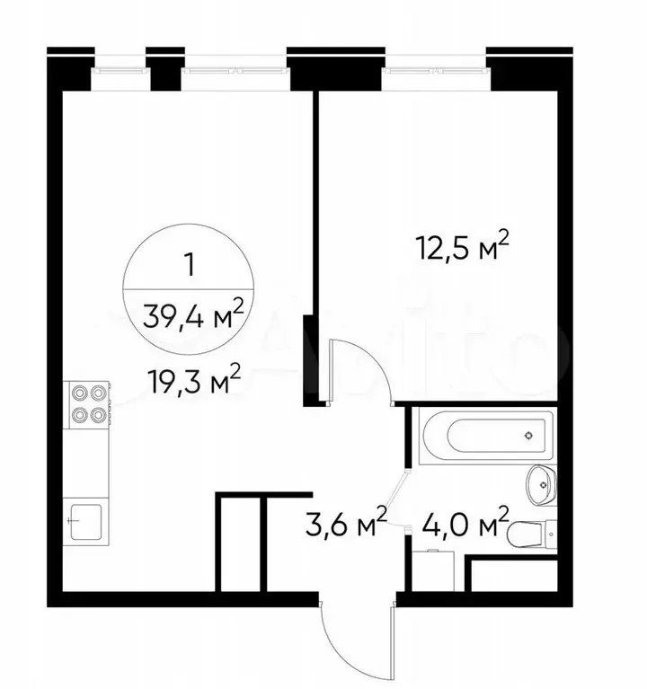 1-к. квартира, 39,4 м, 6/19 эт. - Фото 0