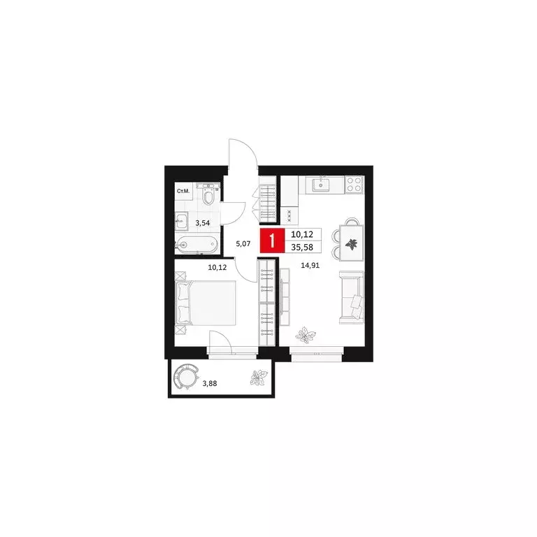 1-комнатная квартира: Уфа, Большая Московская улица, 11 (35.58 м) - Фото 1