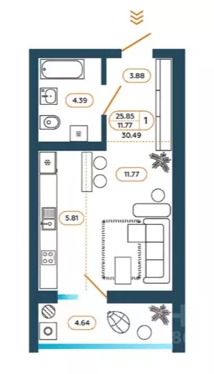 Студия Ростовская область, Батайск ул. Родная, 1 (30.49 м) - Фото 1