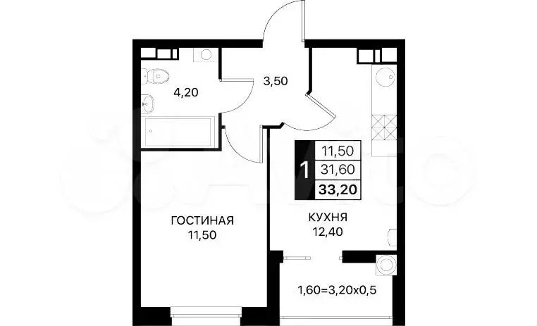 1-к. квартира, 33,2м, 6/12эт. - Фото 0