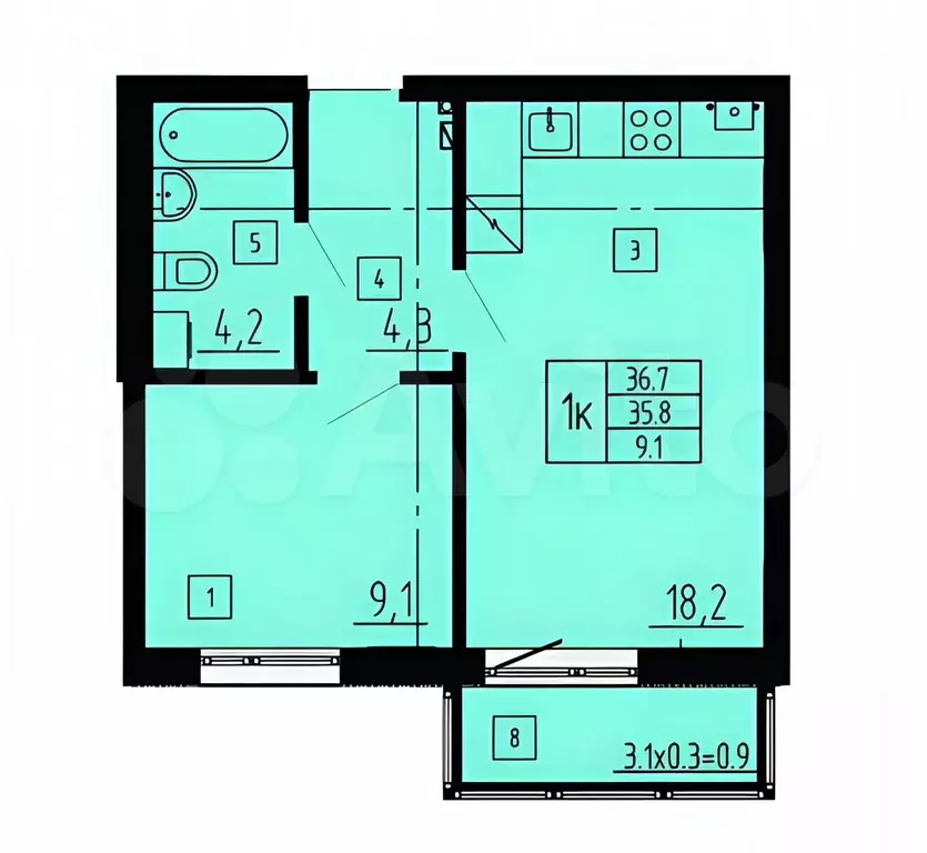 1-к. квартира, 36,7 м, 6/8 эт. - Фото 1