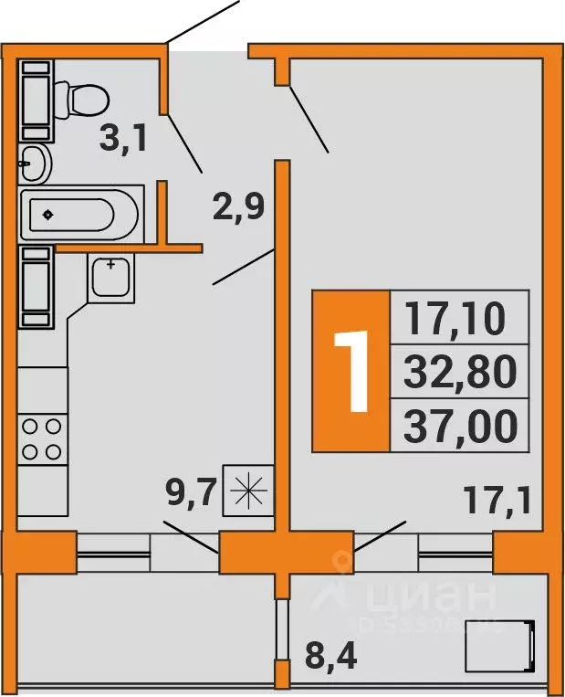 1-к кв. Башкортостан, Уфа ул. Орджоникидзе, 34 (36.9 м) - Фото 1