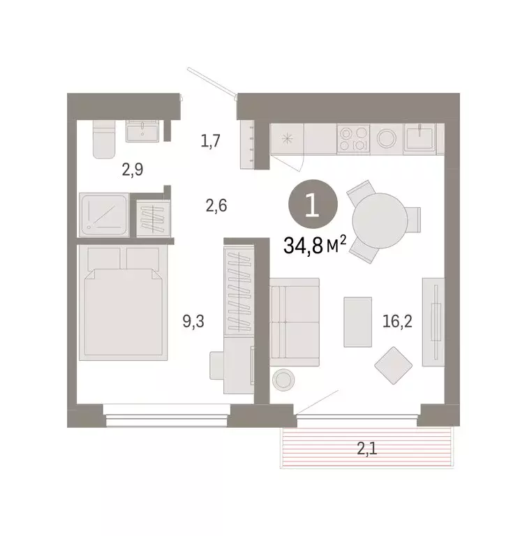 1-комнатная квартира: Новосибирск, квартал Лебедевский, 1/3 (34.8 м) - Фото 2