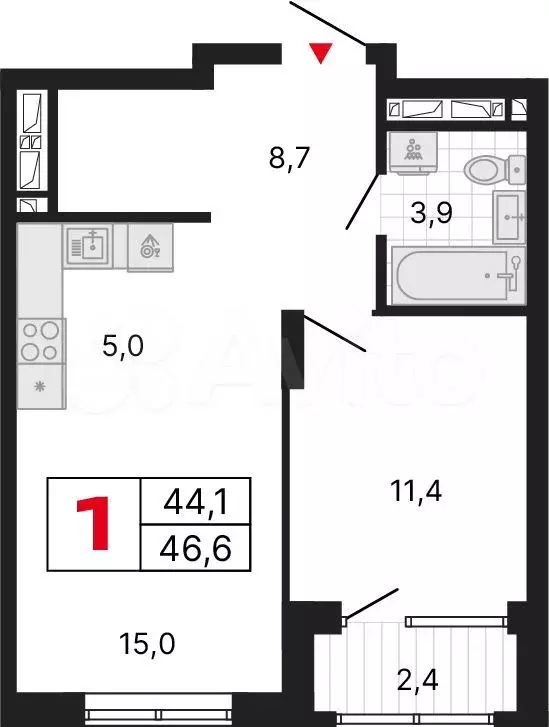 1-к. квартира, 46,6 м, 25/25 эт. - Фото 0