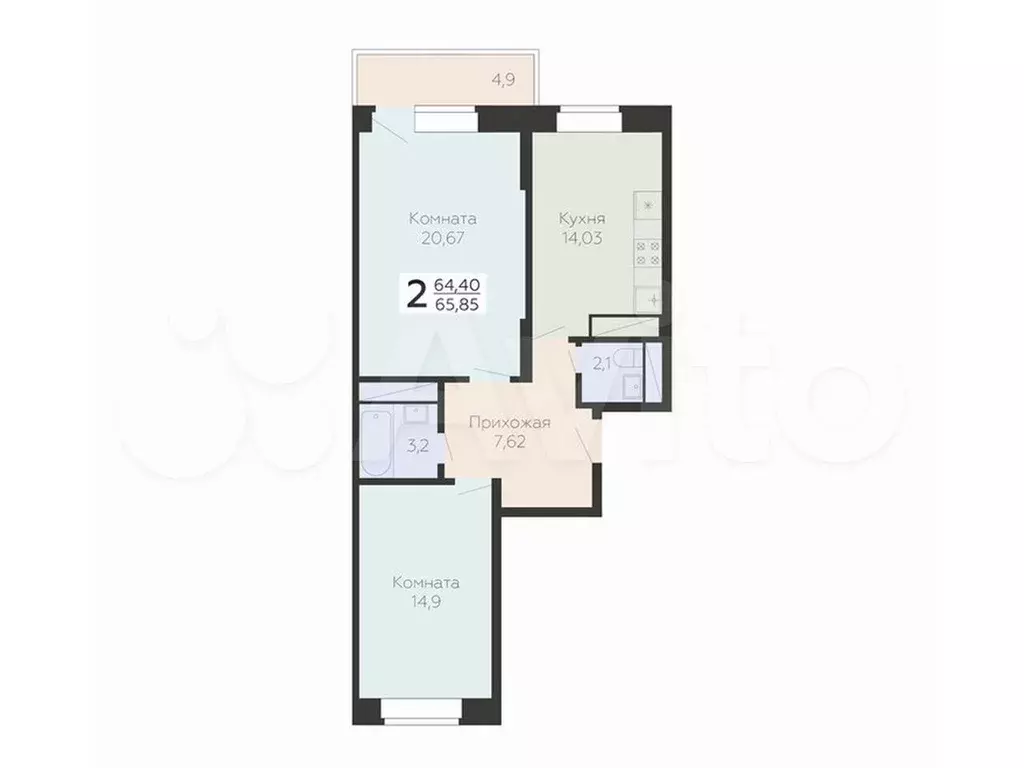 2-к. квартира, 65,9 м, 12/22 эт. - Фото 0