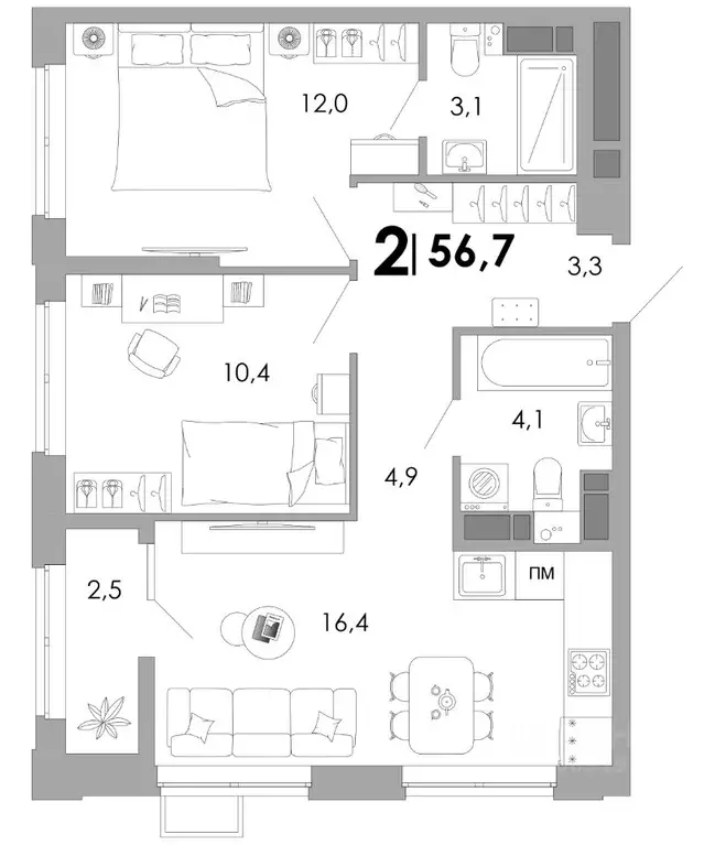 2-к кв. Владимирская область, Владимир Уно жилой комплекс (56.7 м) - Фото 1