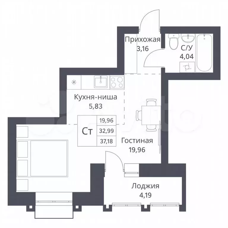 Квартира-студия, 33м, 4/18эт. - Фото 0