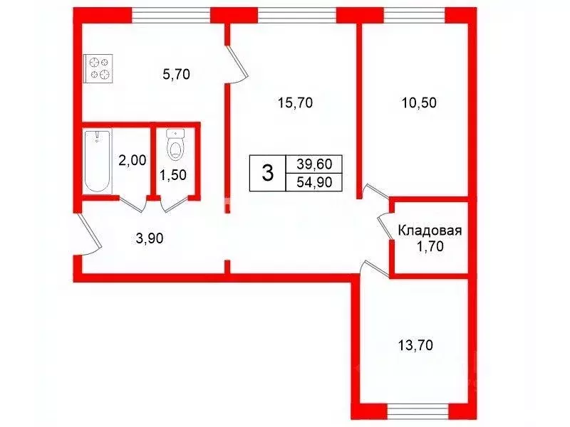 Квартира, 3 комнаты, 54.9 м - Фото 1