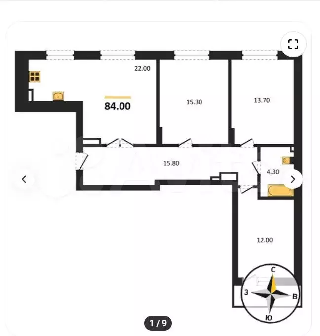 3-к. квартира, 84 м, 2/8 эт. - Фото 1