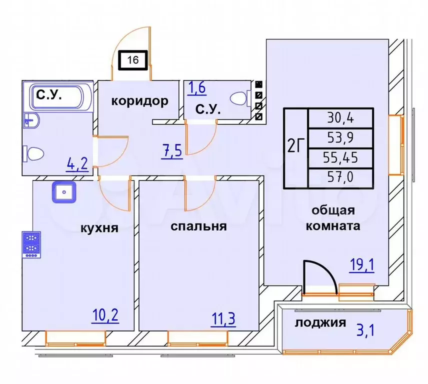 2-к. квартира, 57 м, 3/4 эт. - Фото 0