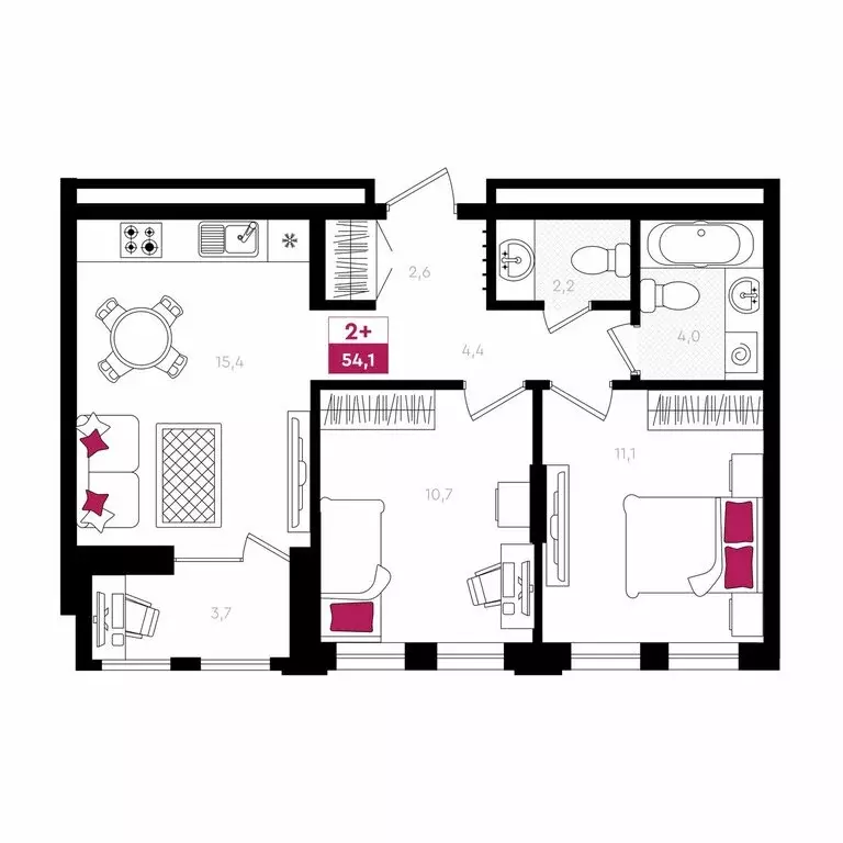 2-комнатная квартира: Тюмень, ЖК UNO (54.1 м) - Фото 0