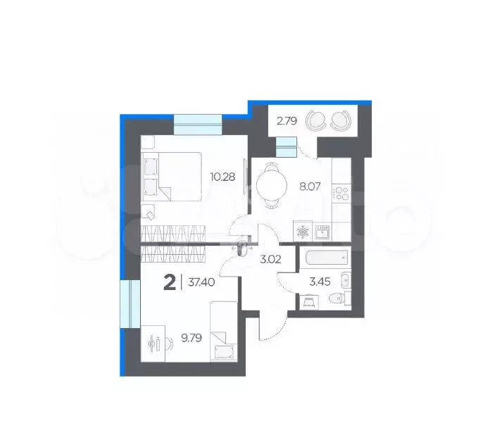 2-к. квартира, 37,4 м, 8/8 эт. - Фото 0