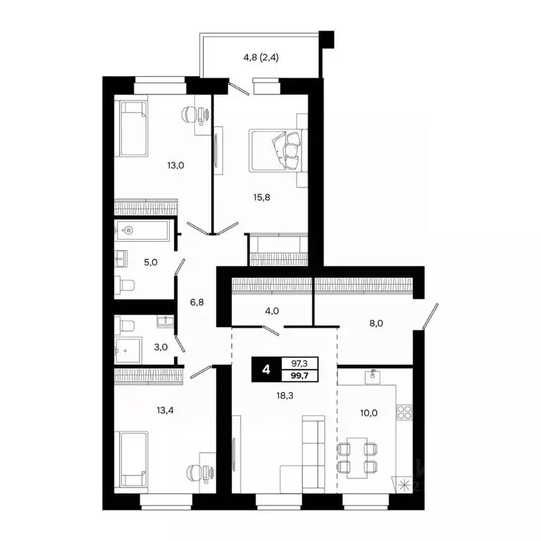 4-к кв. Новосибирская область, Кольцово рп, 5-й мкр  (99.7 м) - Фото 2