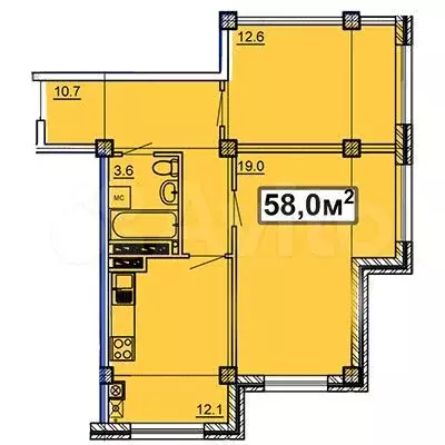 2-к. квартира, 58 м, 4/9 эт. - Фото 0