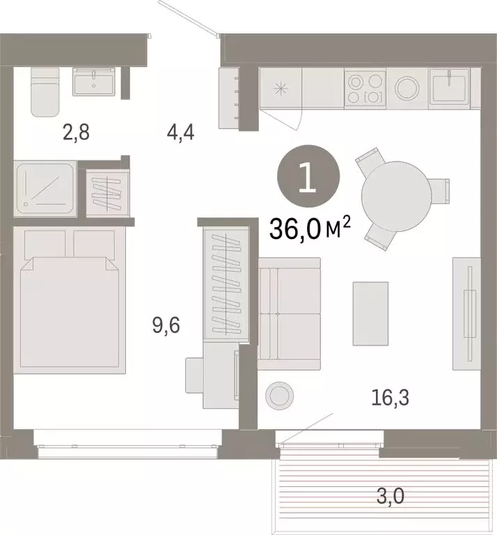 1-комнатная квартира: Тюмень, Ленинский округ (35.98 м) - Фото 1