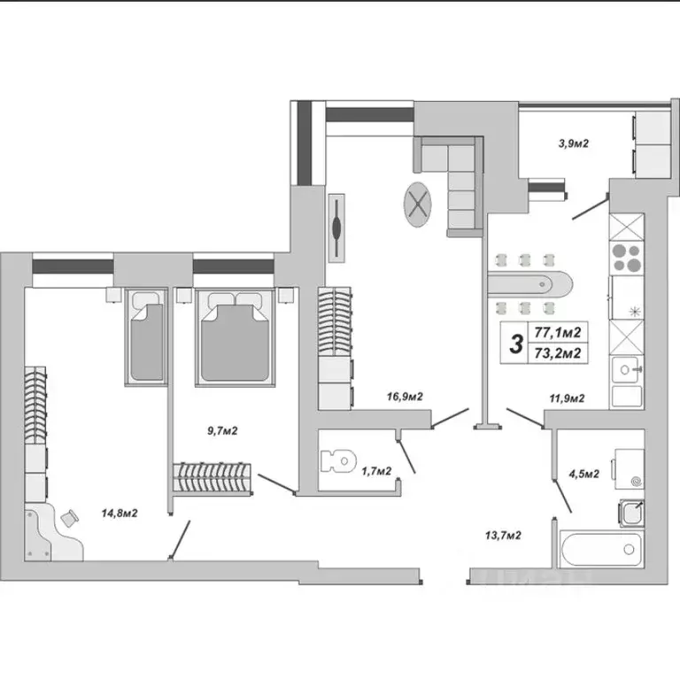 3-к кв. Тамбовская область, Тамбов ул. Чичерина, 7/3 (77.1 м) - Фото 0