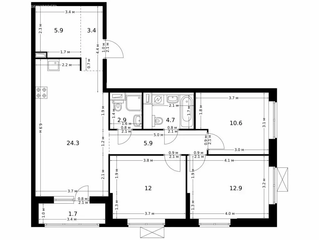 3-комнатная квартира: Благовещенск, ЖК Зея Парк, 3 (84.3 м) - Фото 1