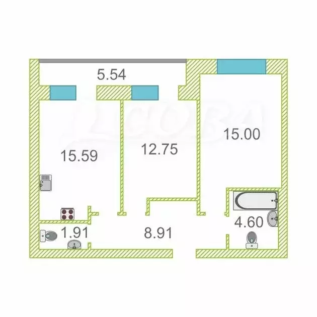 2-комнатная квартира: Тюмень, Комбинатская улица, 54к1 (58 м) - Фото 2