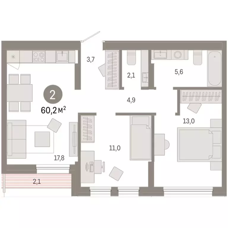 2-комнатная квартира: Тюмень, улица Республики, 205к1 (60.23 м) - Фото 2