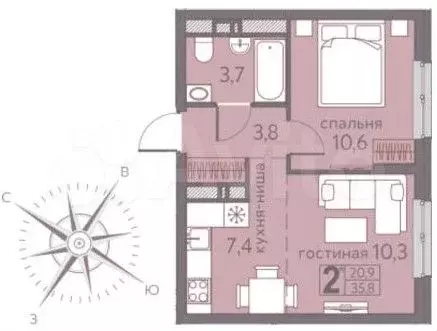 2-к. квартира, 35,8 м, 10/22 эт. - Фото 0