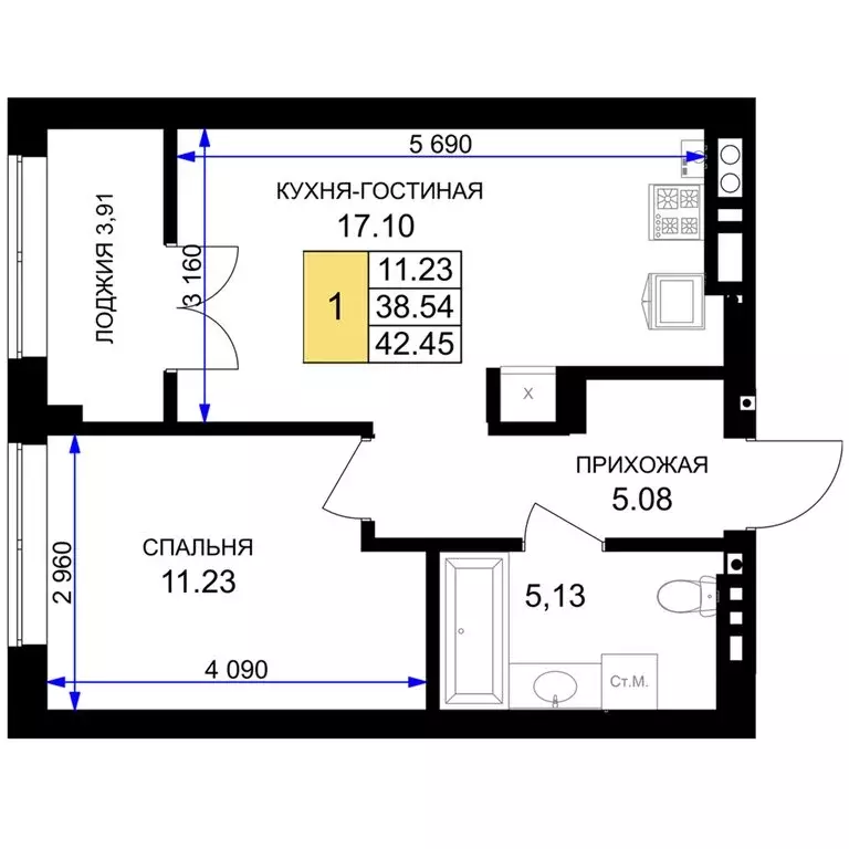 1-комнатная квартира: Гурьевск, жилой комплекс Включи (42.45 м) - Фото 0